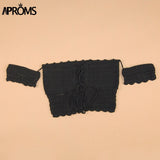 Aproms Sexy Knitted Crochet  White Crop Tops Bikini Beachwear 90s Girls Casual Lace Up Off Shoulder Bikini Bra Tank Top Cropped