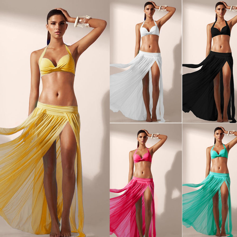 Fashion Women Summer Sexy Wrap Beach Bikini Cover Up Swimwear Sarong  Mesh Chiffon Slit Long Skirt
