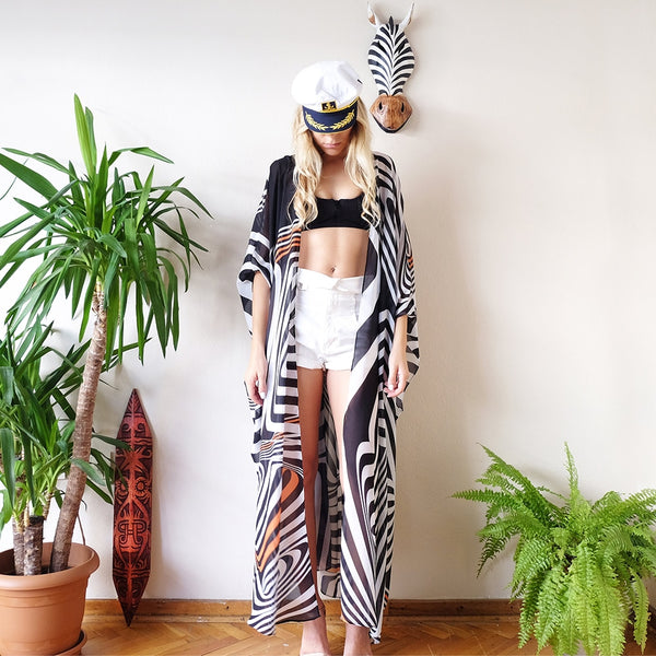 Bohemian Style 2018 Summer Kimono Cardigan Casual Fashion Boho Zebra-Stripe Printed Ladies Shirts Women Bikini Cover-up Tops