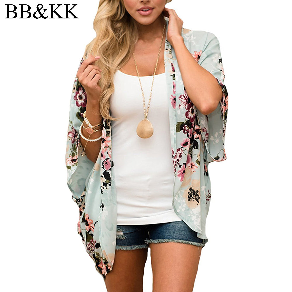 Women Casual Chiffon Half Sleeve Floral Printed Cardigan Loose Kimono Bikini Cover Ups Tops Blouse Shirts Outerwear