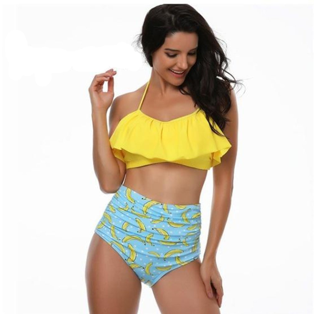 Fashion Printing Women Sexy Neck Halter Swimsuit High Waist Bikini Set Lady Casual Slim-fit Beach Swimwear