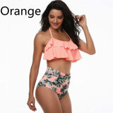 Fashion Printing Women Sexy Neck Halter Swimsuit High Waist Bikini Set Lady Casual Slim-fit Beach Swimwear