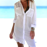 KLV Womens Beach Shirt Thin Swimsuit Bikini Cover Up Robe Tunic Shirt V-Neck Summer Solid Boyfriend Style White Green Black
