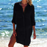 KLV Womens Beach Shirt Thin Swimsuit Bikini Cover Up Robe Tunic Shirt V-Neck Summer Solid Boyfriend Style White Green Black