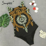 Simplee Retro print one-piece women playsuit Sexy stretch female bodysuit 2018 Bathing suit summer swimwear black bikini overall