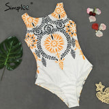 Simplee Retro print one-piece women playsuit Sexy stretch female bodysuit 2018 Bathing suit summer swimwear black bikini overall