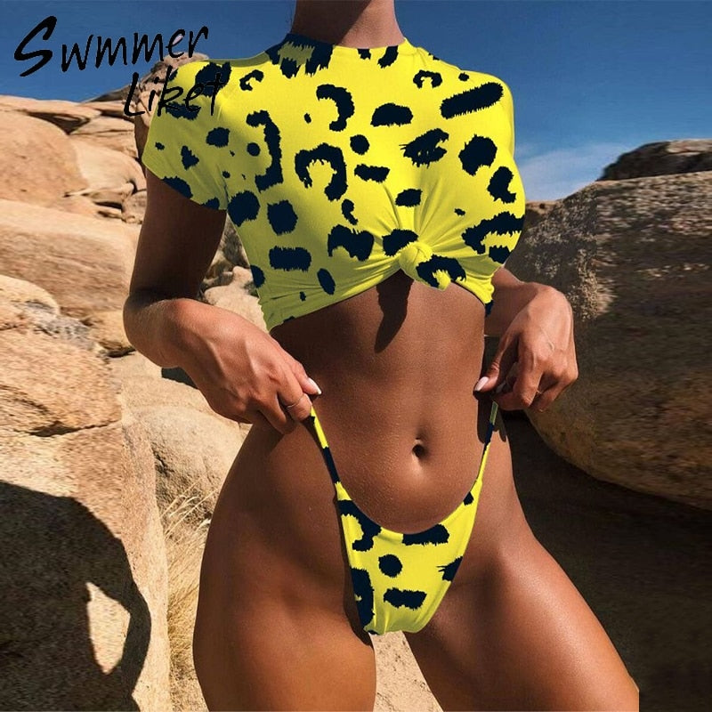 Knot crop top bikini 2019 Leopard swimwear women bathers Yellow brazilian swimsuit female T-shirt thong bikini sexy swimming new