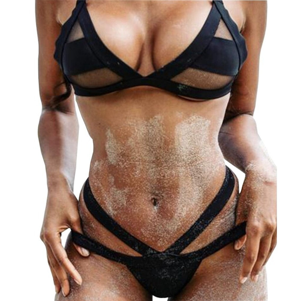 2019 Women's Sexy e Mesh Bikini Set Lace Hollow Out Tops Bandage Swimsuit Swimwear Sexy Mini String Thong