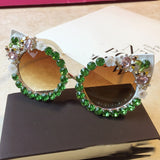 Brand Design Handmade Rhinestone Cat Eye Sunglasses Fashion Glasses Women Flower with Pearl Round Vintage Sunglasses Beach Party