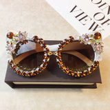 Brand Design Handmade Rhinestone Cat Eye Sunglasses Fashion Glasses Women Flower with Pearl Round Vintage Sunglasses Beach Party