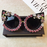 Brand Design Handmade Rhinestone Cat Eye Sunglasses Fashion Glasses Women Flower with Pearl Round Vintage Sunglasses Beach Party