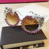 Brand Design Handmade Rhinestone Cat Eye Sunglasses Fashion Glasses Women Flower with Pearl Round Vintage Sunglasses Beach Party