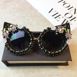Brand Design Handmade Rhinestone Cat Eye Sunglasses Fashion Glasses Women Flower with Pearl Round Vintage Sunglasses Beach Party
