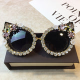Brand Design Handmade Rhinestone Cat Eye Sunglasses Fashion Glasses Women Flower with Pearl Round Vintage Sunglasses Beach Party