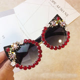 Brand Design Handmade Rhinestone Cat Eye Sunglasses Fashion Glasses Women Flower with Pearl Round Vintage Sunglasses Beach Party