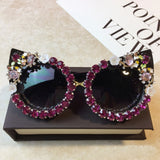 Brand Design Handmade Rhinestone Cat Eye Sunglasses Fashion Glasses Women Flower with Pearl Round Vintage Sunglasses Beach Party