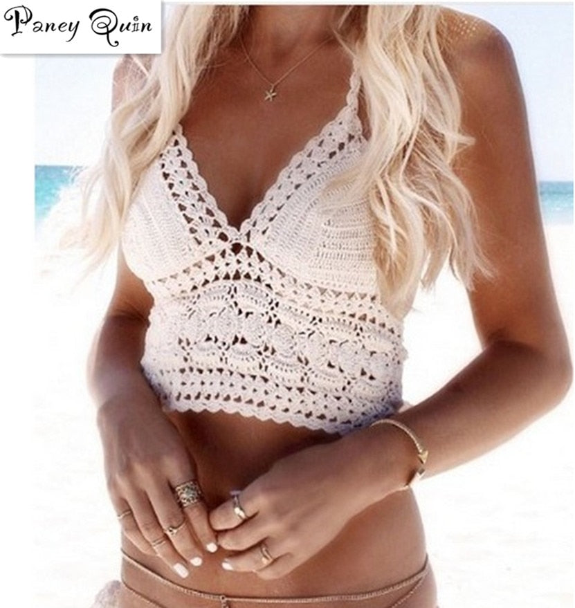 Summer Sexy crochet bikini Crop Tops Beachwear Hollow Out Bikini Bra Strap vest Hanging Halter Tank Vest women's cropped