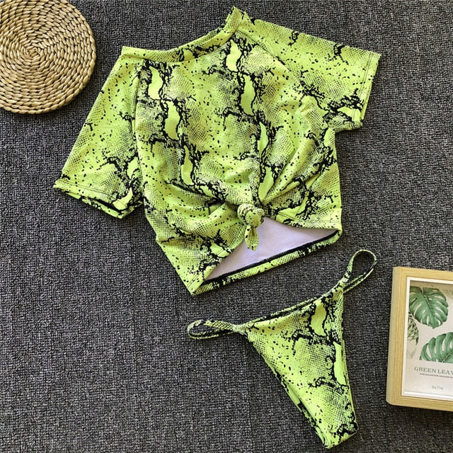 Knot crop top bikini 2019 Leopard swimwear women bathers Yellow brazilian swimsuit female T-shirt thong bikini sexy swimming new
