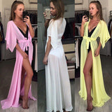 Fashion Women Summer Solid Short Sleeve Loose Sexy Beach Dress Maxi Dress Holiday Swimwear Cover Up