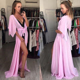 Fashion Women Summer Solid Short Sleeve Loose Sexy Beach Dress Maxi Dress Holiday Swimwear Cover Up