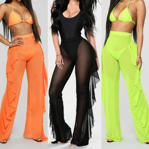 2019 Newest Plus Size Women Mesh Sheer Bikini Cover Up Long Pant Trousers Beach Swimwear
