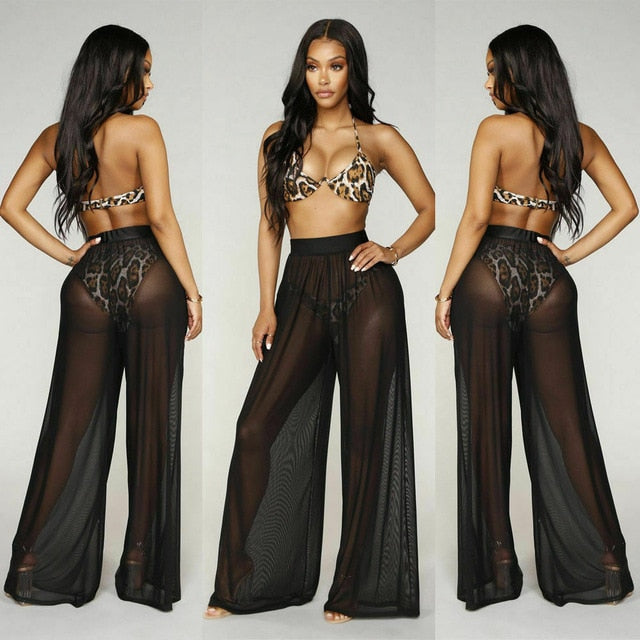 2019 Newest Plus Size Women Mesh Sheer Bikini Cover Up Long Pant Trousers Beach Swimwear