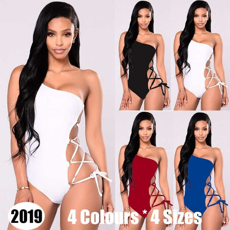 Fashion Women Hollow Padded Push Up One Shoulder Bikini Bandage Beachwear Swimwear Set